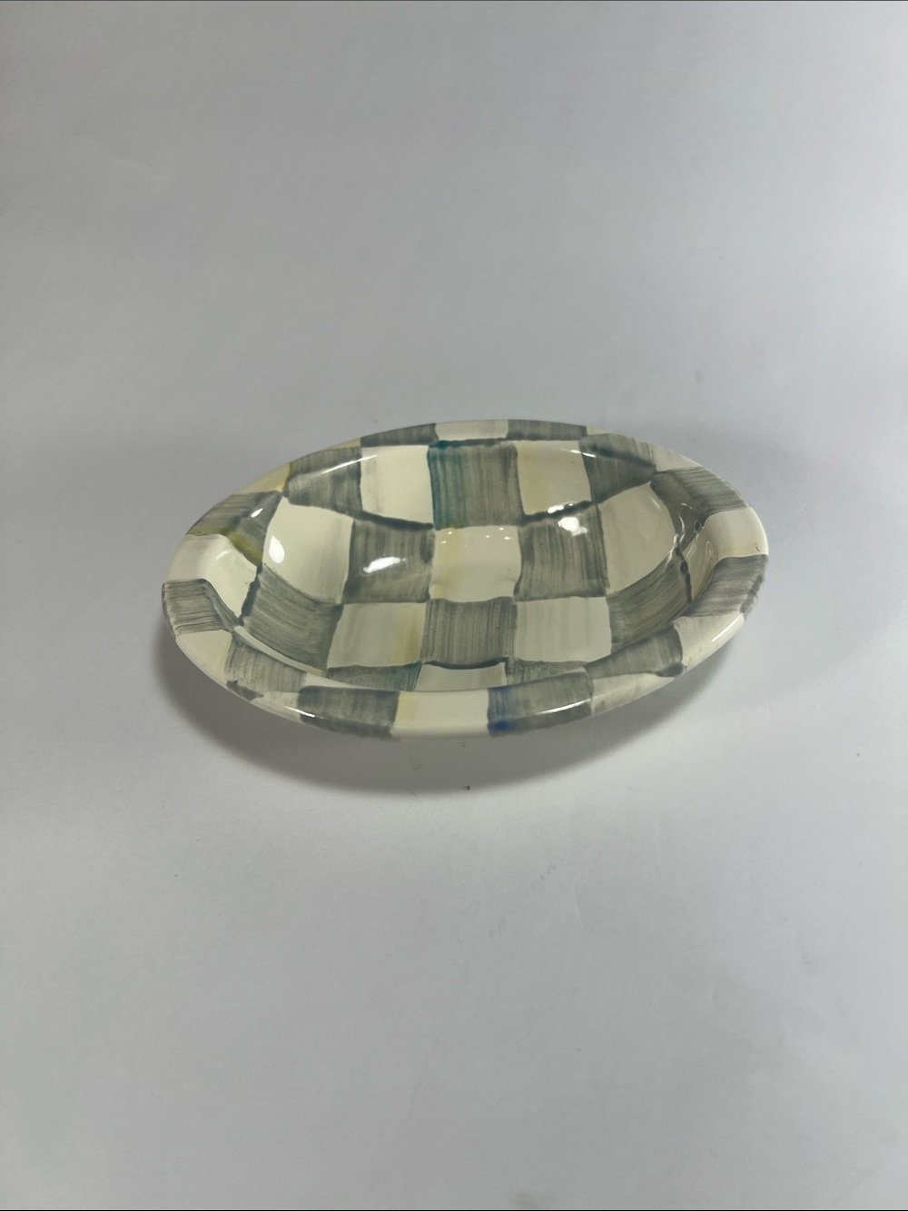Hand-Painted Gray & Cream Check Decorative Bowl
